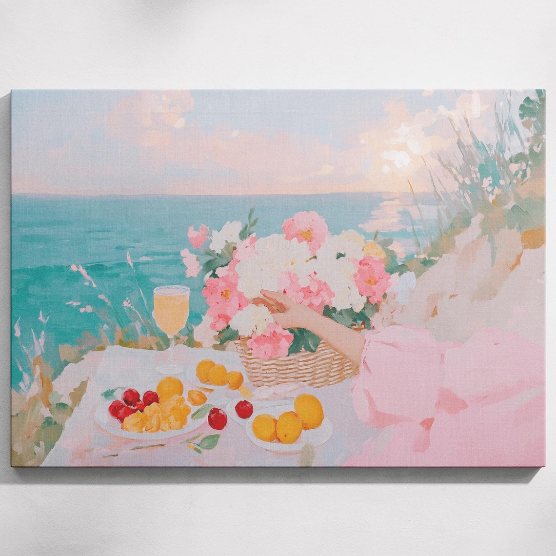Coastal Picnic Hydrangea Basket Fruit Ocean View Pastel Art Poster