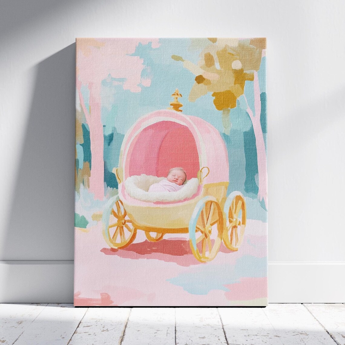 Vintage Pink Baby Pram With Sleeping Baby Pastel Nursery Art Poster