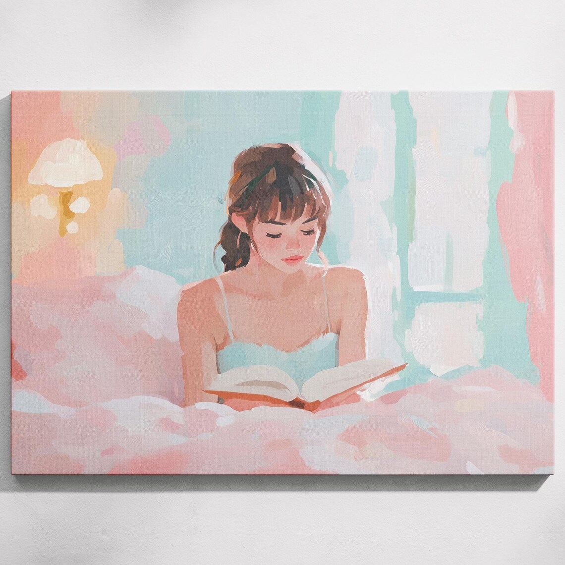 Soft Pastel Woman Reading Book In Bed Pink Teal Cozy Art Poster