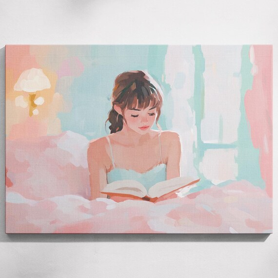 Soft Pastel Woman Reading Book In Bed Pink Teal Cozy Art Poster