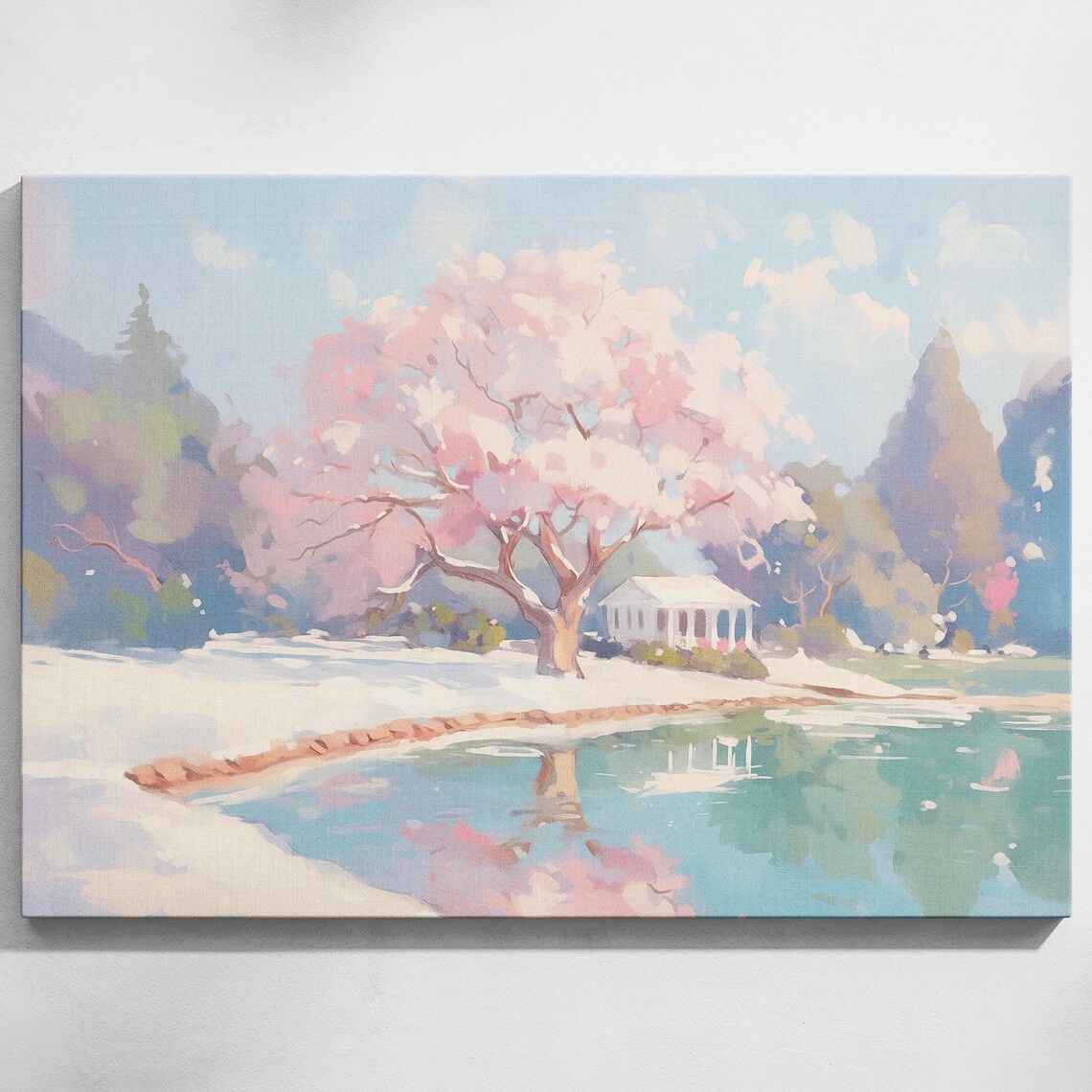 Cherry Blossom Tree Lake Reflection White Gazebo Snow Spring Landscape Poster