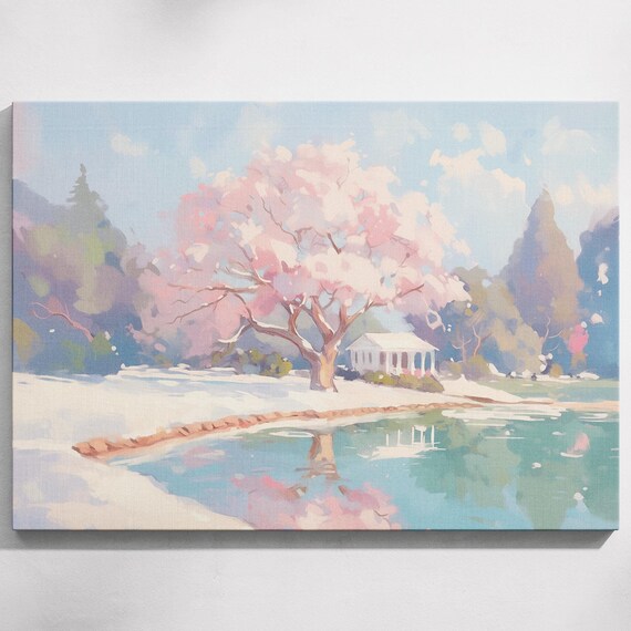 Cherry Blossom Tree Lake Reflection White Gazebo Snow Spring Landscape Poster