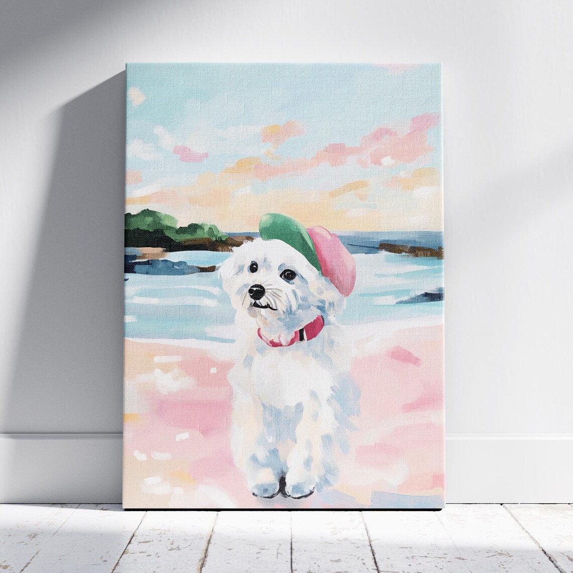 Funny White Fluffy Dog Wearing Cap Pink Beach Pastel Art Print