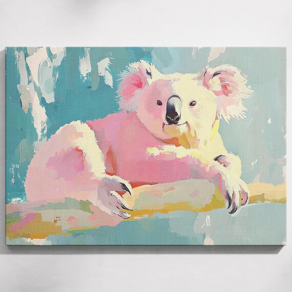 Relaxed Pink Koala on Branch Pastel Teal Cute Animal Wall Art Print
