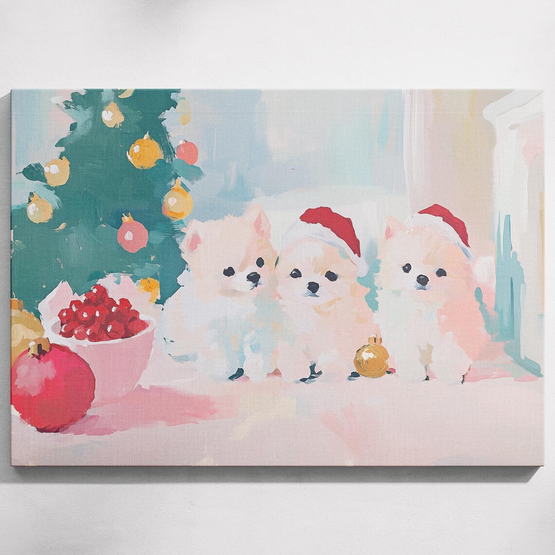 Three White Puppies Red Santa Hats Christmas Tree Holiday Poster