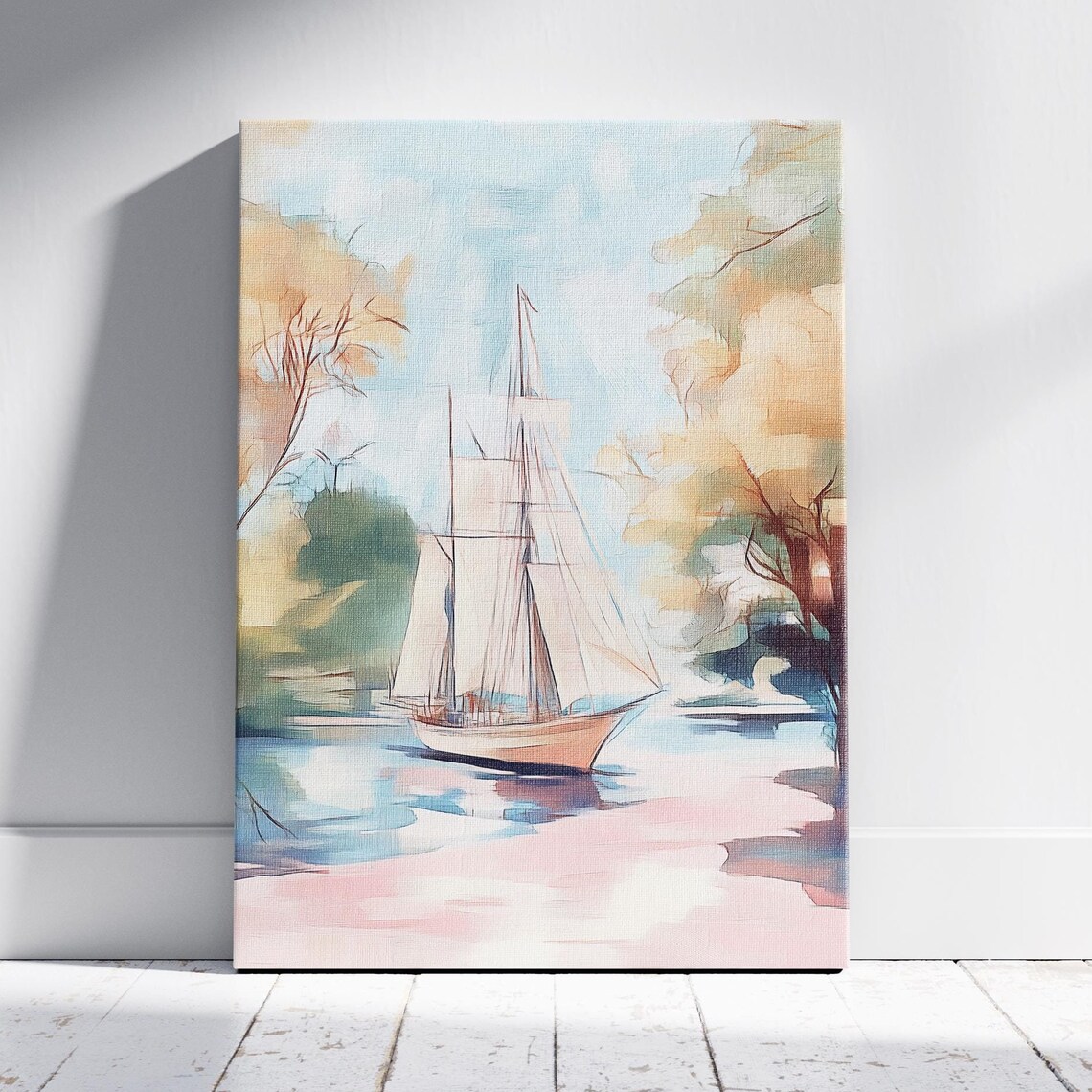 Sailboat Sailing Past Golden Trees Calm River Nautical Poster