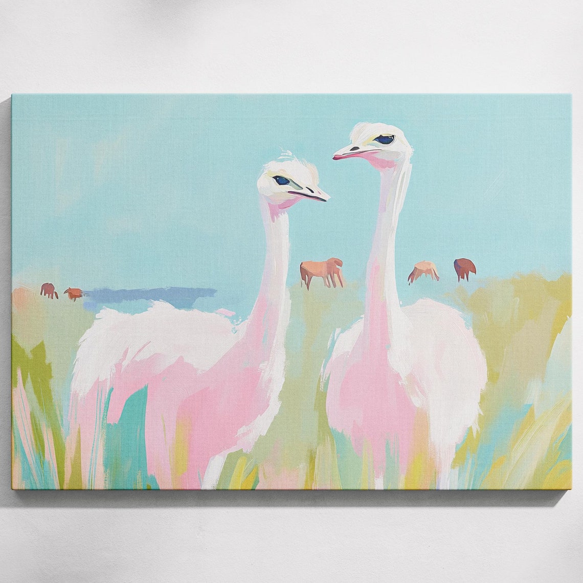 Pink Ostrich Painting Soft Pastel Birds Savannah Art Print Ostrich Nursery Art Pink Animal Painting Ostrich Pastel Watercolor Ostrich