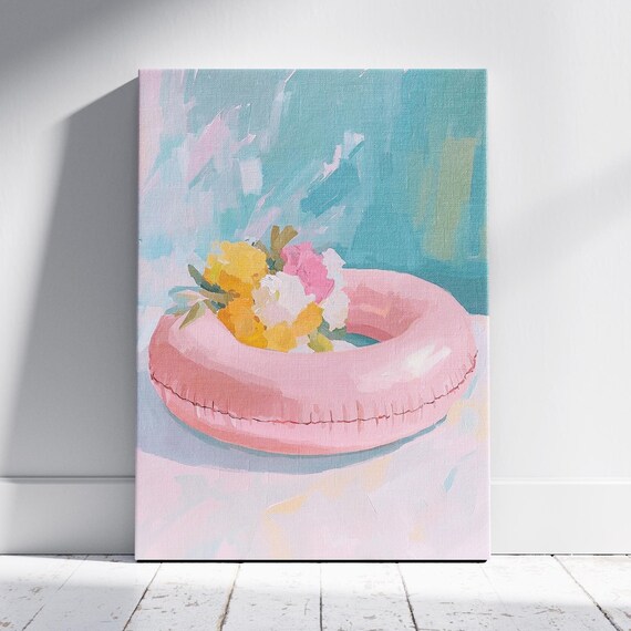 Pink Pool Float With Flowers Pastel Summer Painting Playful Wall Art
