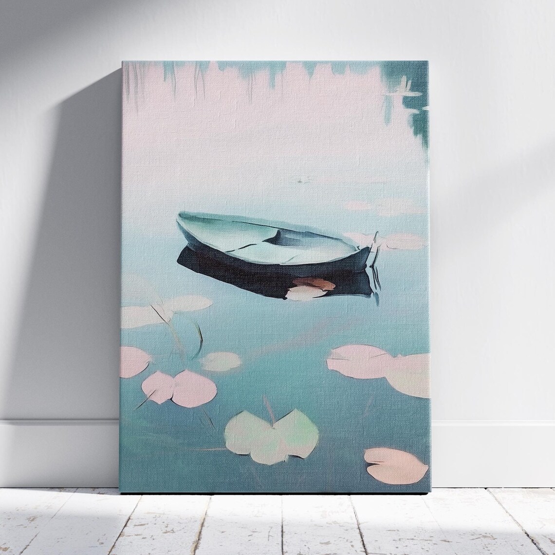 Misty Lake Rowboat Pink Lily Pads Tranquil Morning Wall Art Print