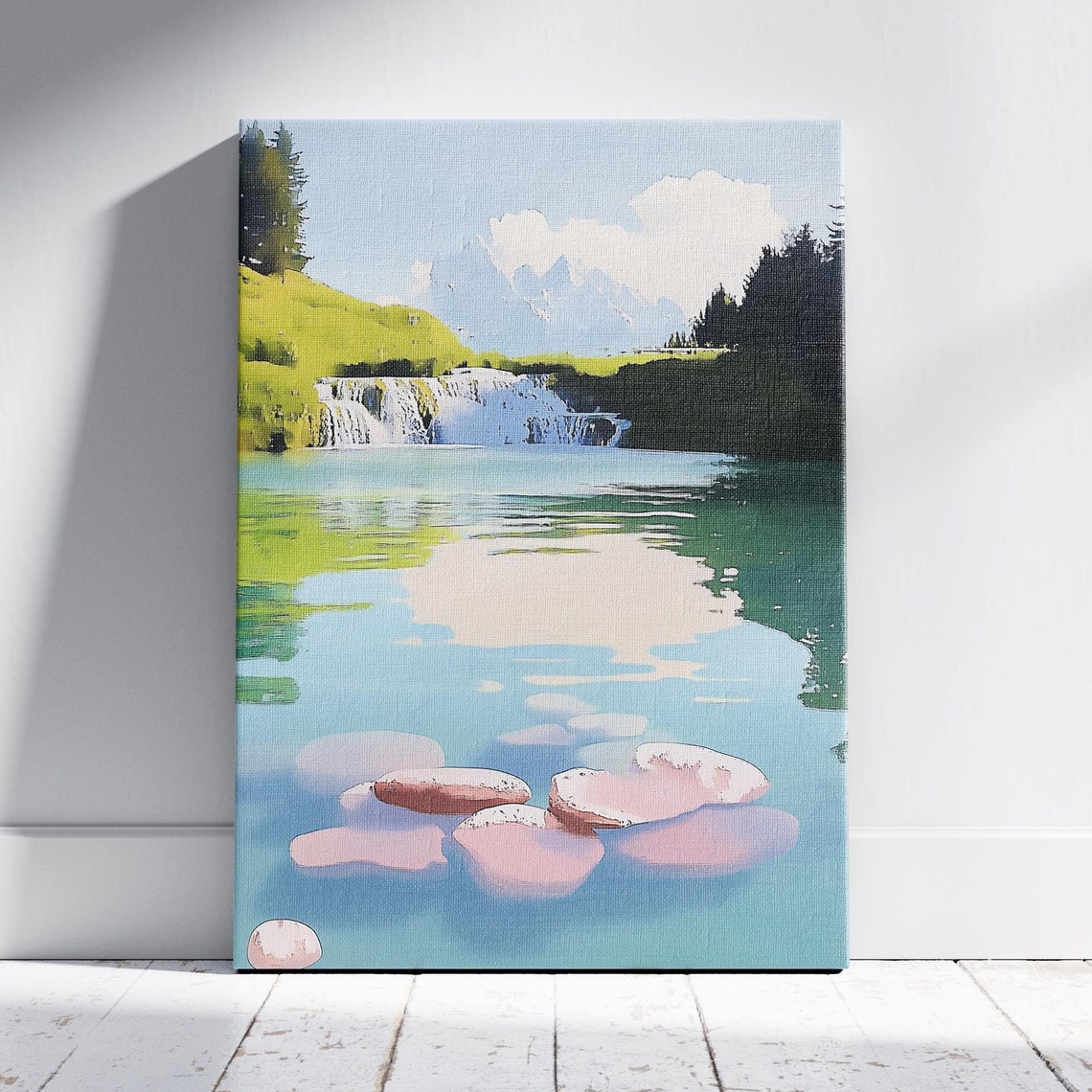 Scenic Alpine Waterfall Into Turquoise Mountain Lake Nature Poster