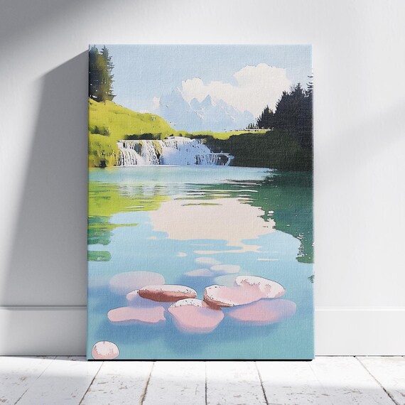 Scenic Alpine Waterfall Into Turquoise Mountain Lake Nature Poster