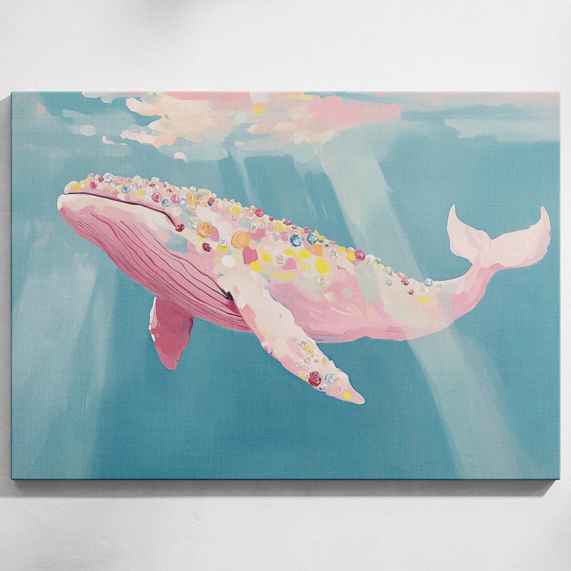 Pink Whale With Gemstone Spots Swimming Teal Ocean Art Poster