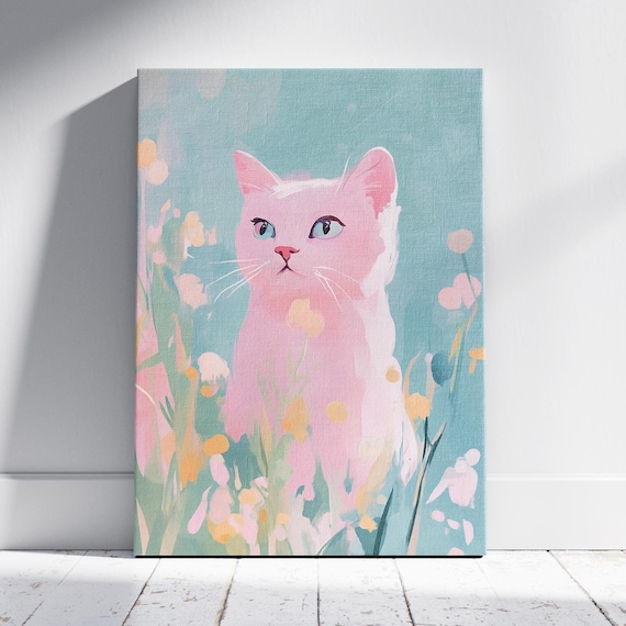 Pink Pastel Cat Blue Eyes Wildflower Garden Cute Kitty Art Print