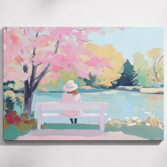 Lakeside Bench Pastel Art Central Park Print Park Bench Painting Park Bench Park Bench Lakeside Tranquil Lake Art Lakeside Wall Art