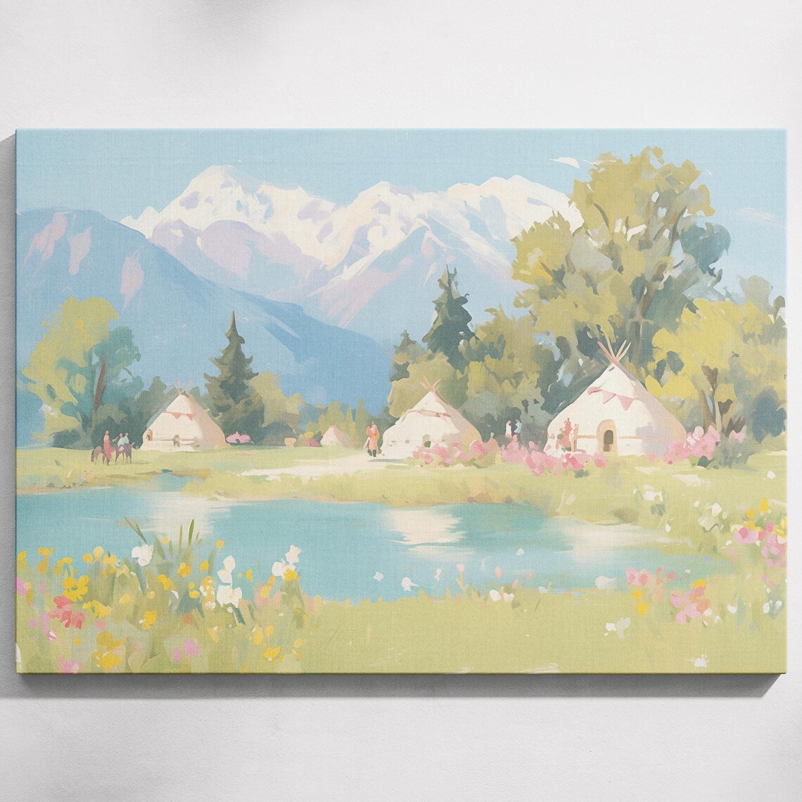 Mountain Lake With White Tents Snow Peaks And Wildflowers Print
