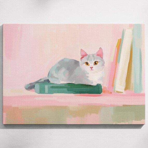 Gray Cat Sleeping On Green Book Cozy Library Cat Art Wall Print