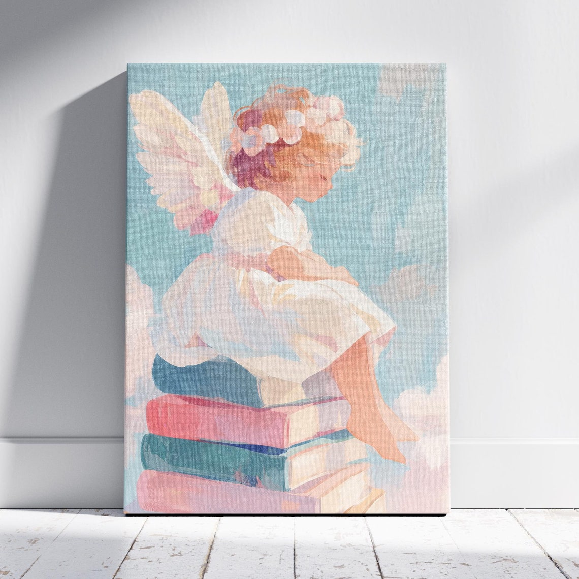 Little Angel Sitting On A Stack Of Pastel Books Among Clouds Poster