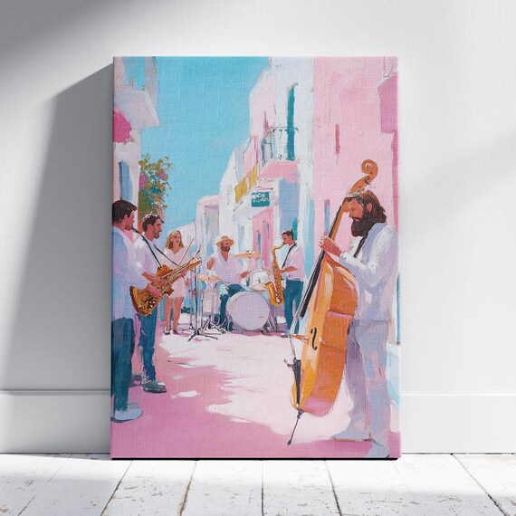Jazz Street Band with Double Bass Live Music Pastel Art Wall Poster Print