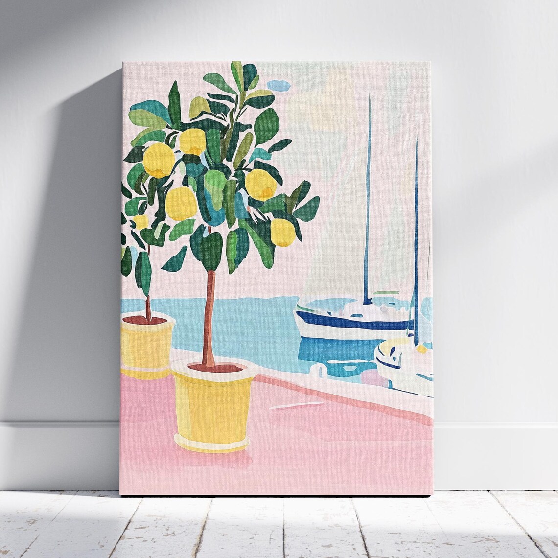 Potted Lemon Trees on Pink Terrace Overlooking Sailboat Sea View Poster