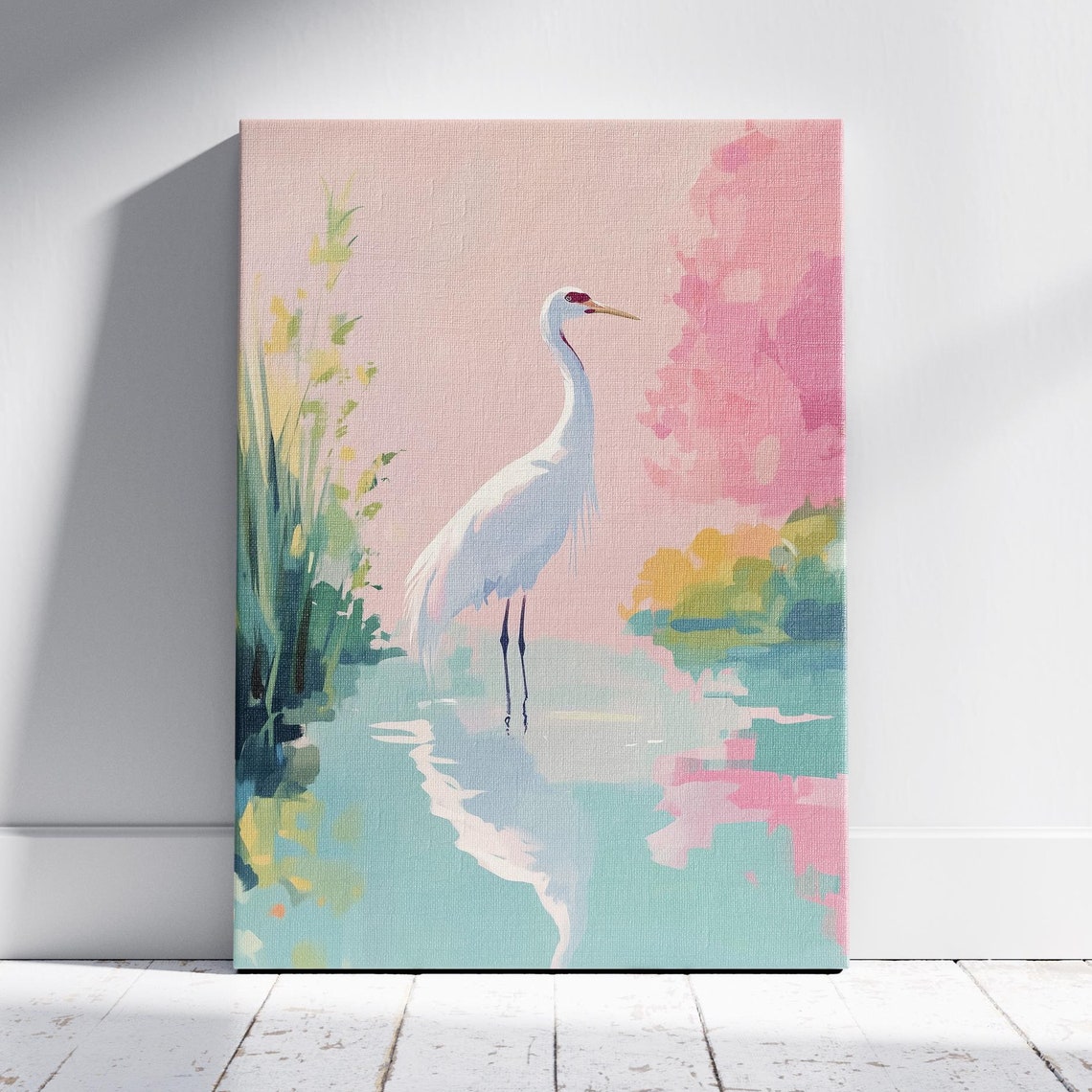 White Crane Bird Turquoise Pond Pink Blossom Tree Serene Art Poster