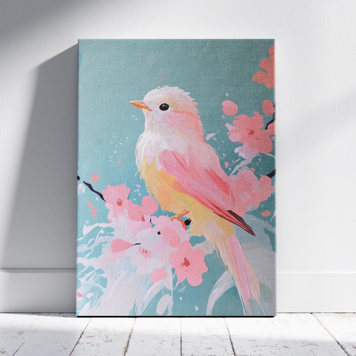 Pink and White Bird on Cherry Blossom Branch Spring Nature Art Poster