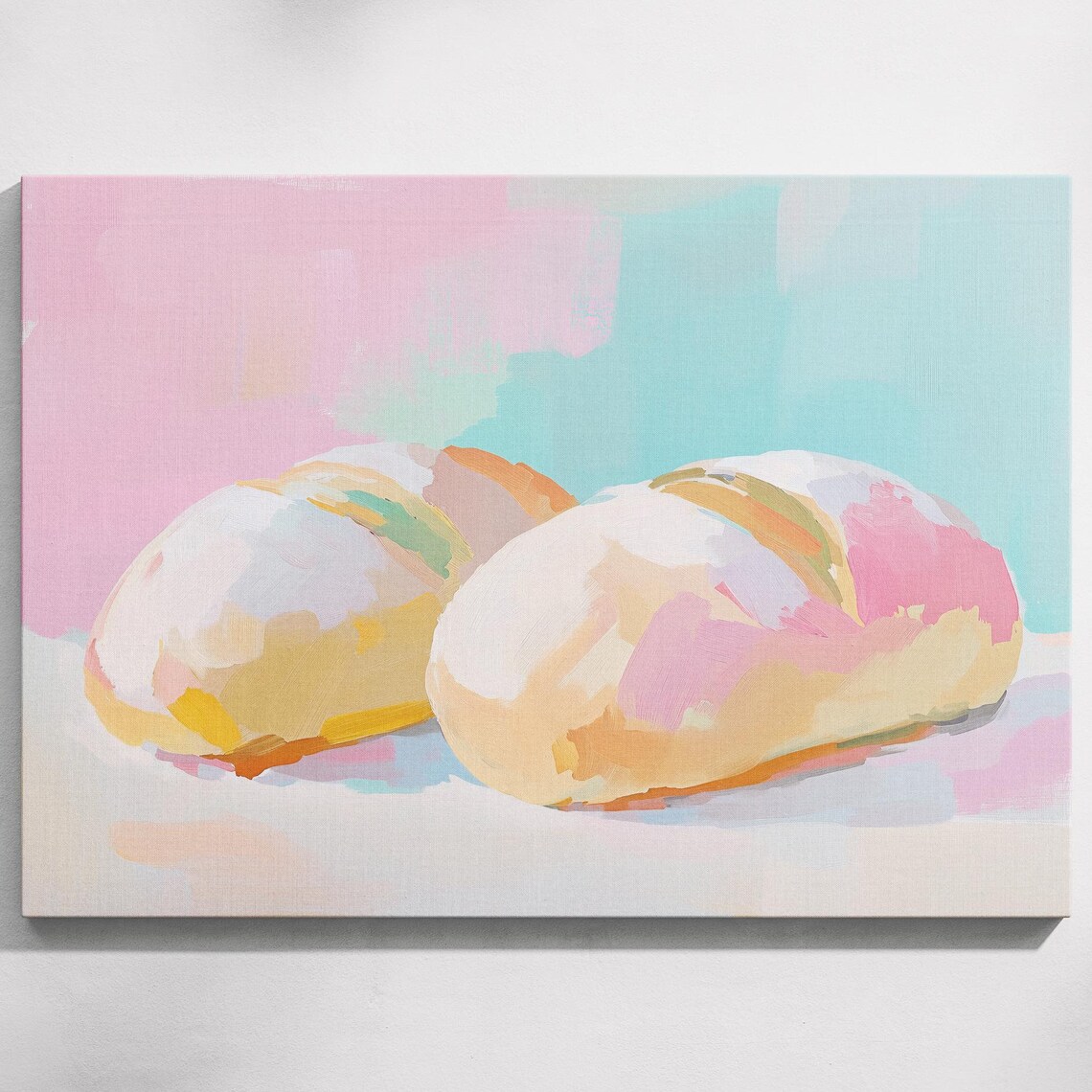Fresh Bread Loaves Pastel Still Life Painting Pink Mint Kitchen Poster