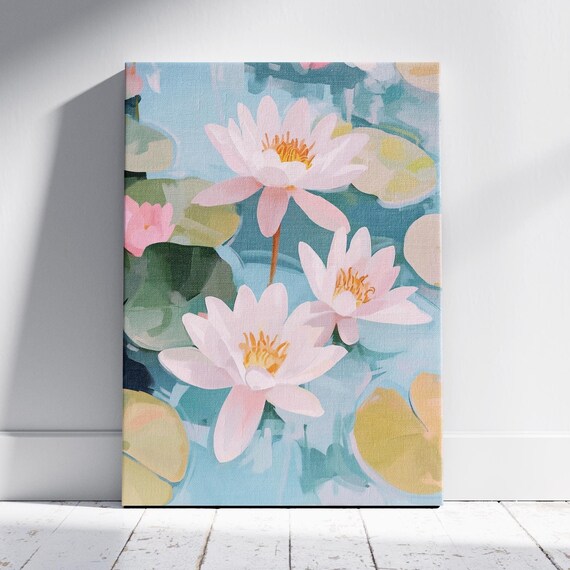 Pink Water Lilies Floating Blue Pond Lily Pads Spring Art Poster