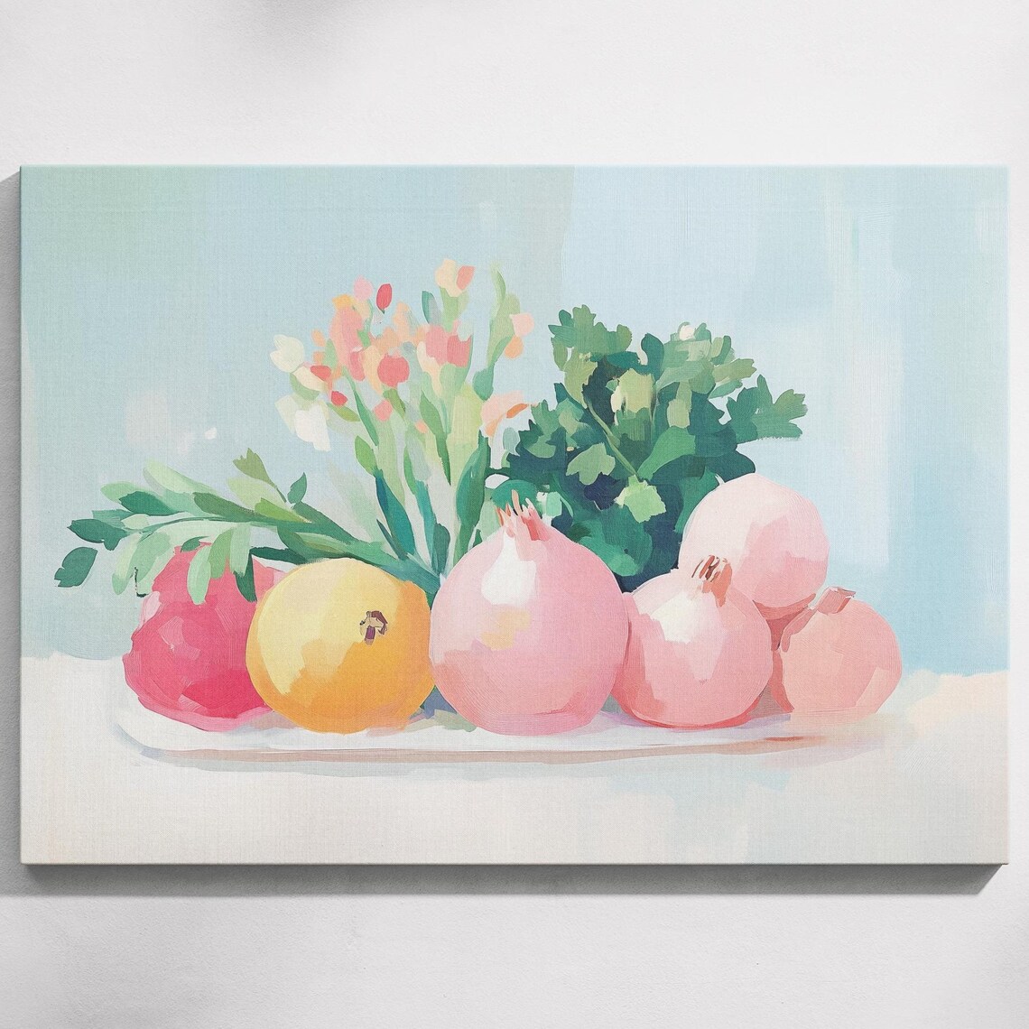 Pink Onions Lemon Herbs Flowers Fresh Produce Still Life Poster