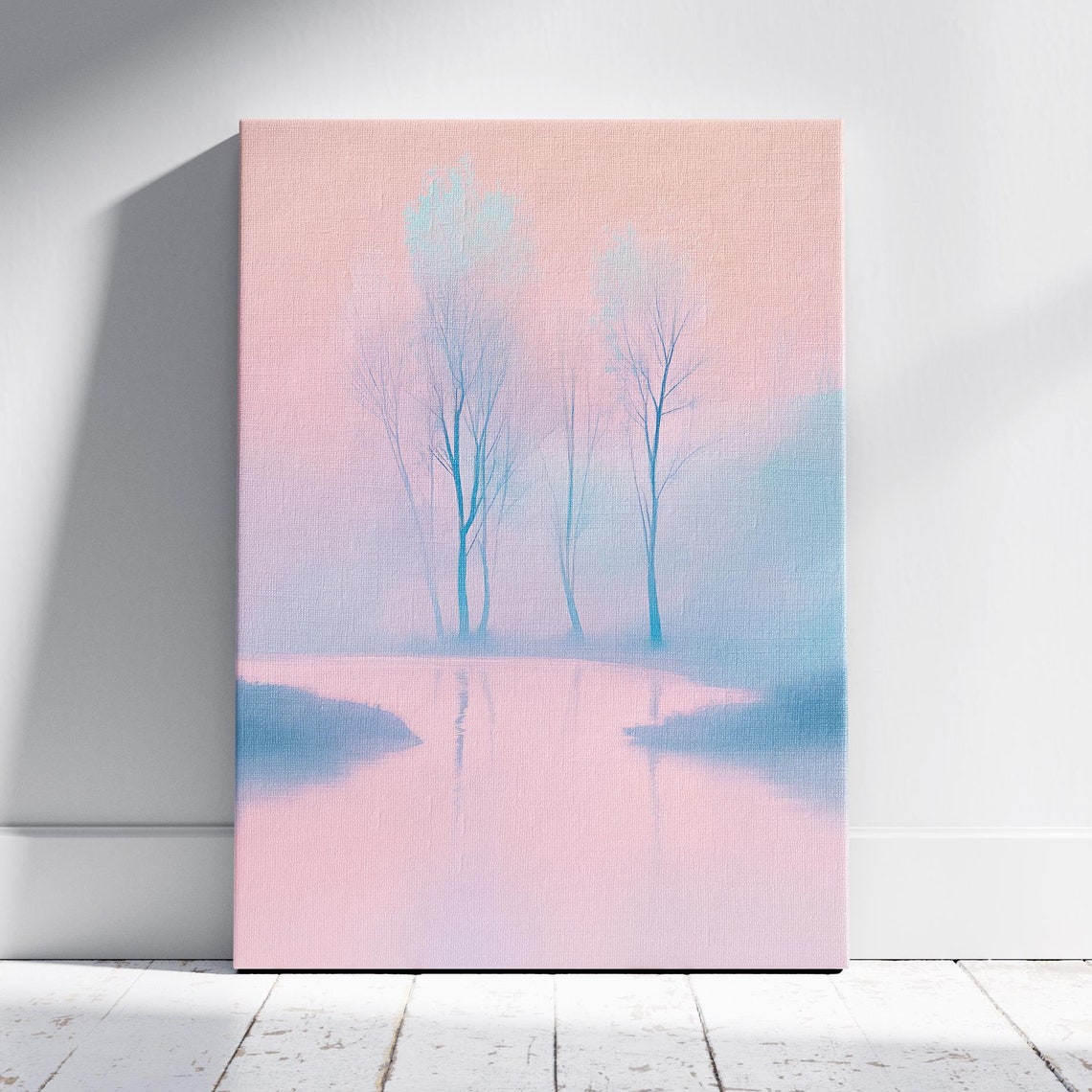 Soft Pink Lake Misty Bare Trees Reflection Pastel Nature Print