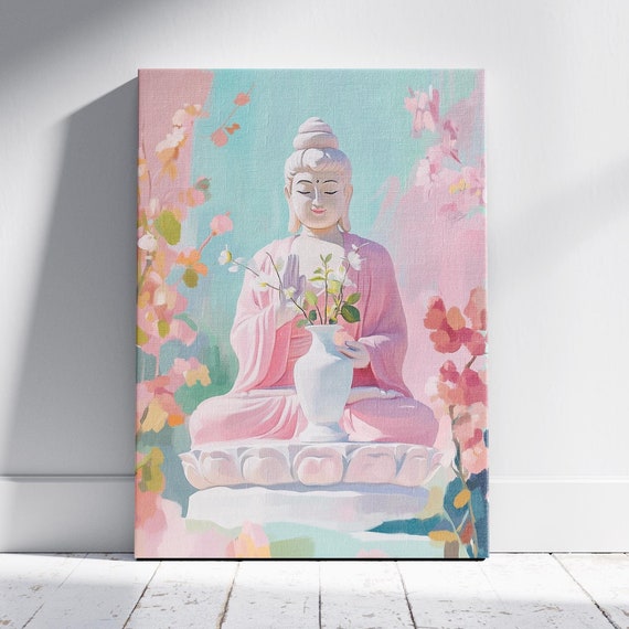 Pastel Buddha With White Vase Willow Leaves Avalokitesvara Art Meditative Painting Pastel Art Statue Calming Pastel Spiritual Art