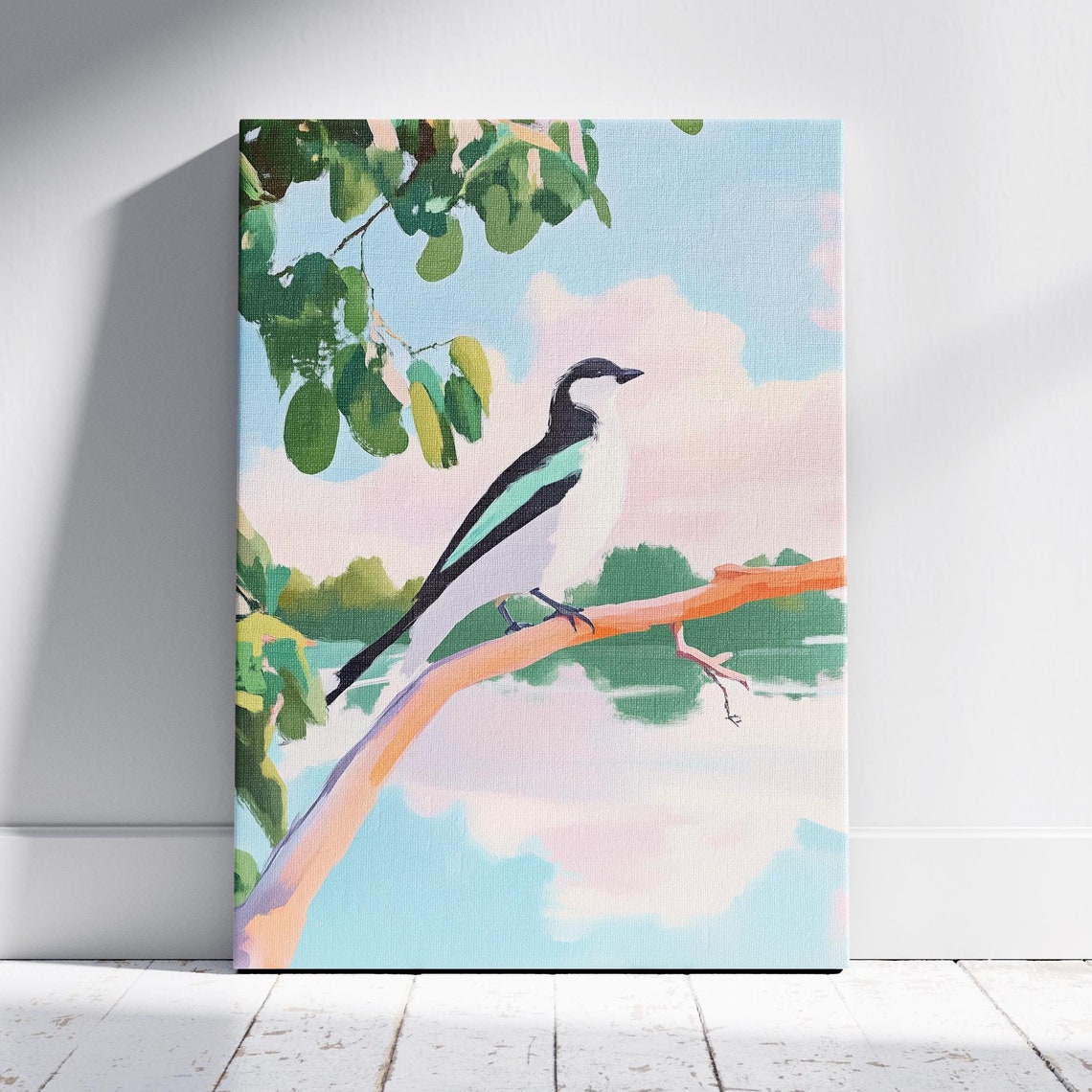 Songbird Black White Bird Perched on Lakeside Branch Art Poster