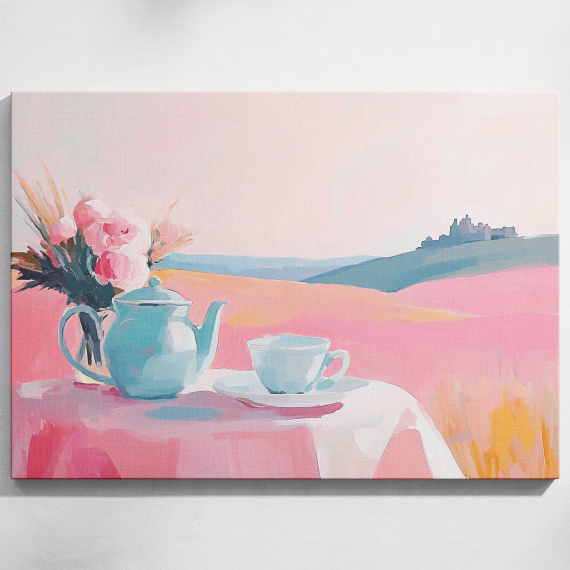 Teal Teapot and Teacup Rose Tea Party Pastel Table Art Poster