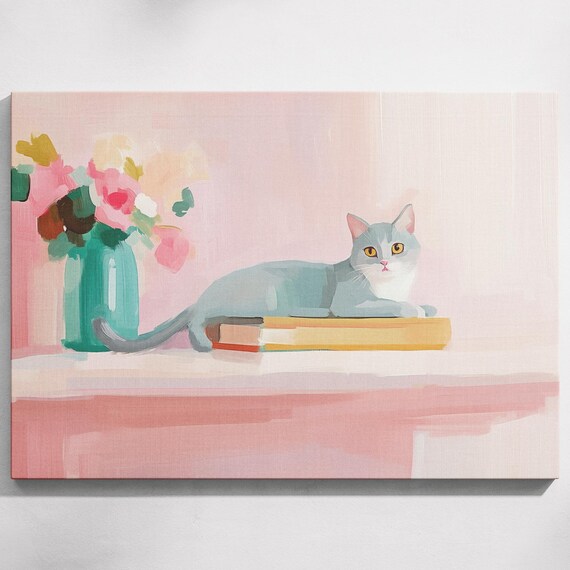 Gray Cat Lounging On Books Library Cat Portrait Pastel Wall Art