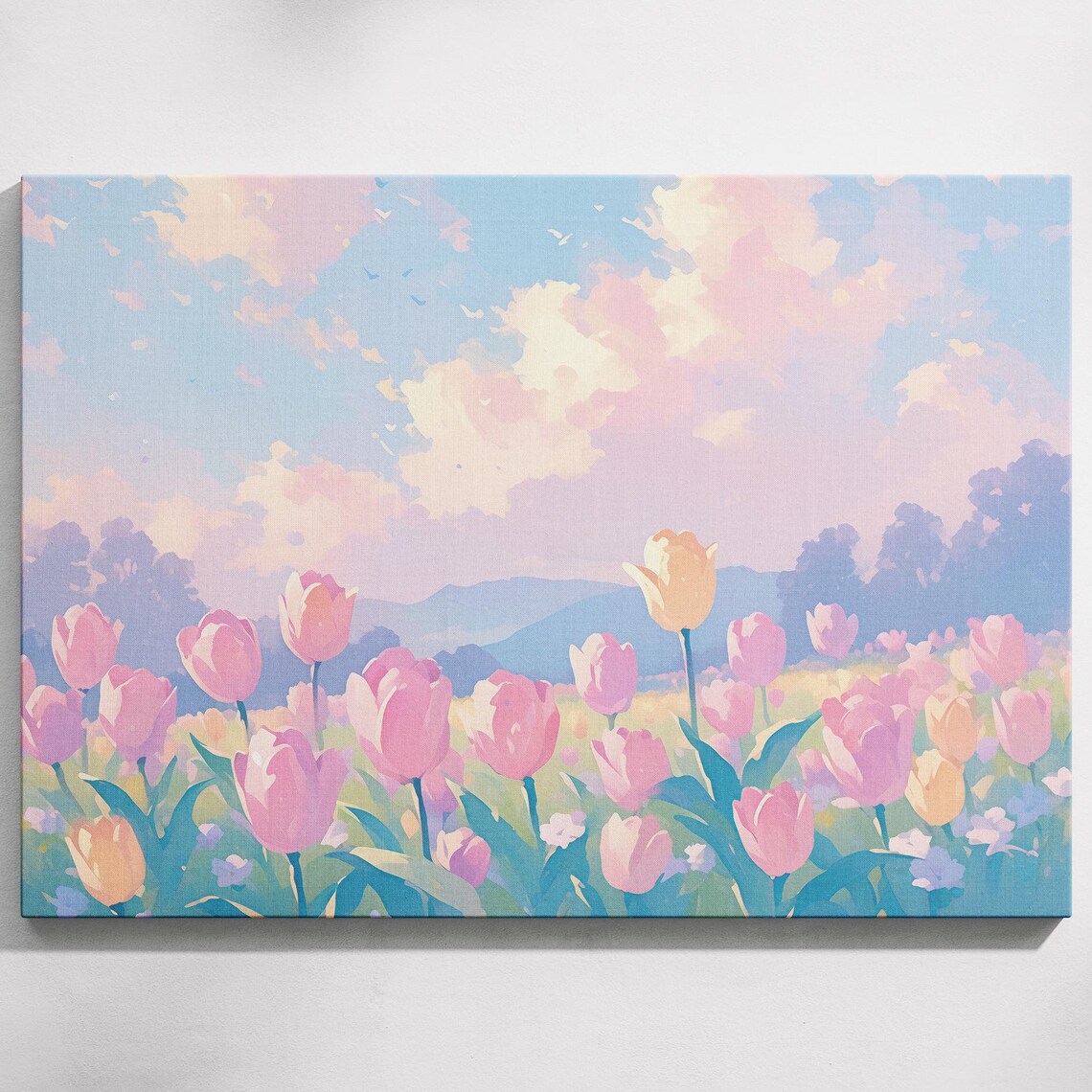 Field Of Pink Tulips Under Pastel Clouds Spring Bloom Art Poster