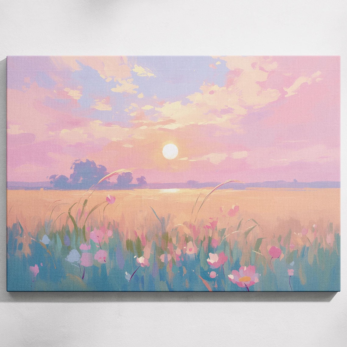 Sunrise Wildflower Meadow Pink Pastel Sky Morning Sun Landscape Poster
