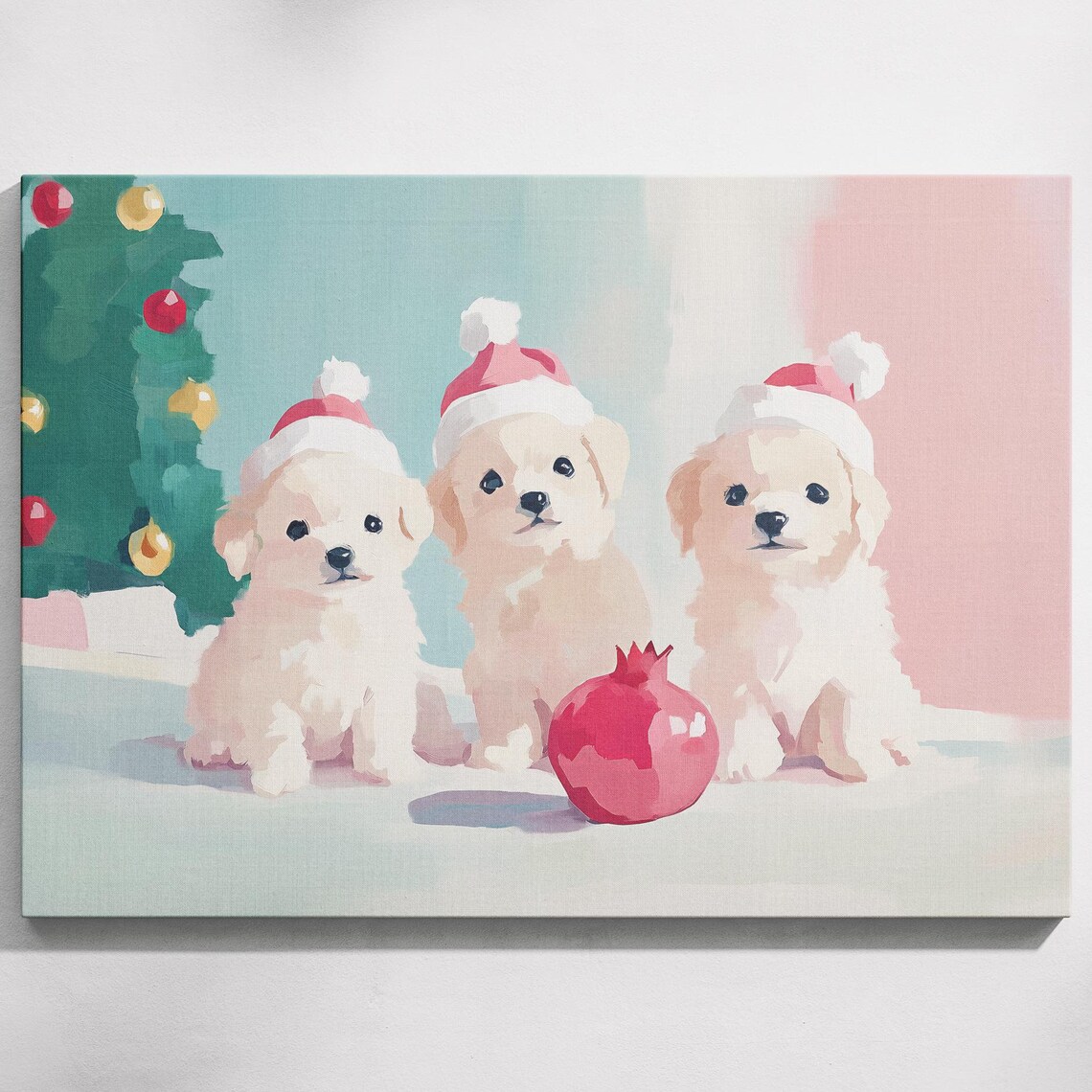 Three White Puppies Pink Santa Hats Christmas Tree Holiday Wall Art