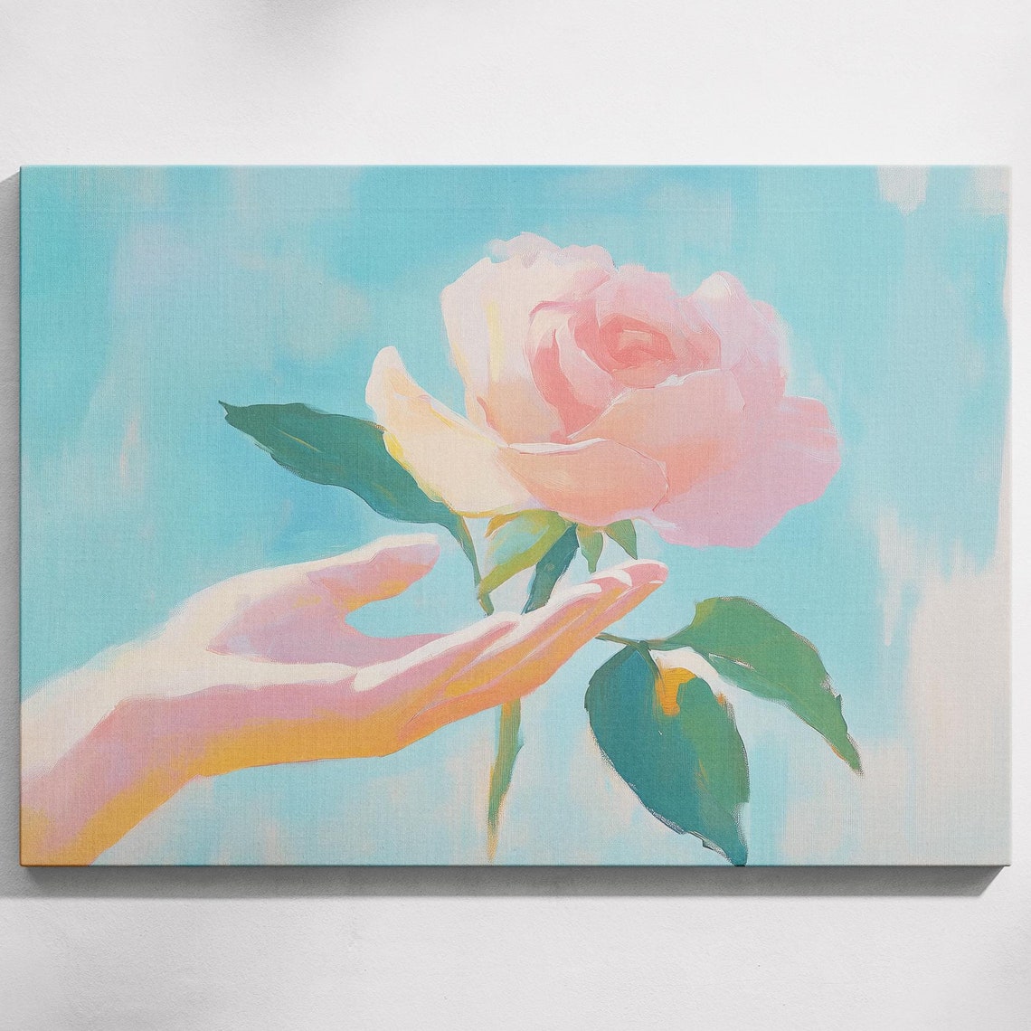 Hand Touching Pink Rose Pastel Painting Turquoise Sky Floral Wall Art