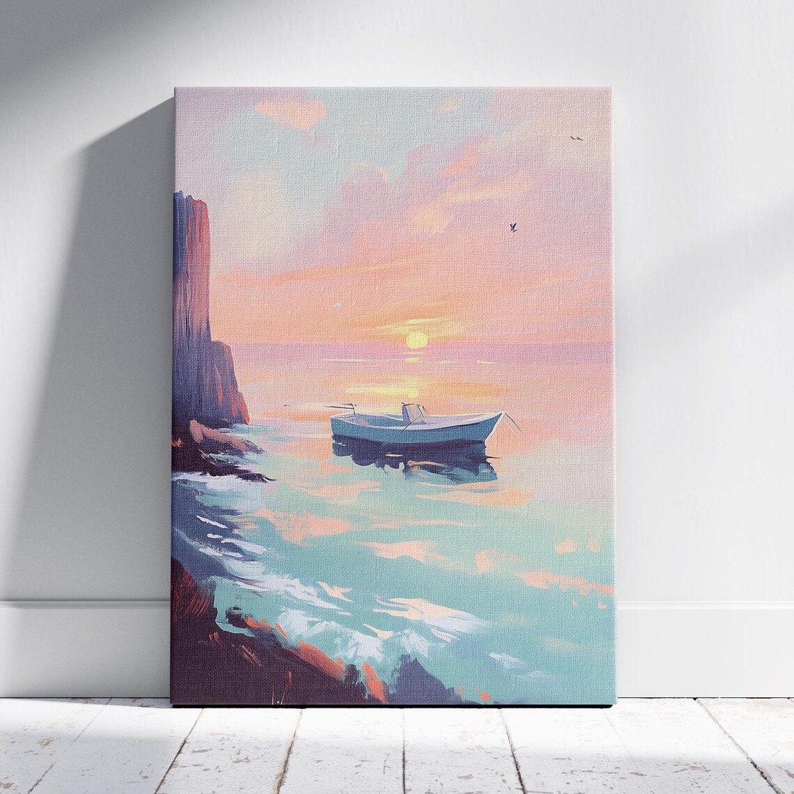 Small Blue Boat At Pink Sunset Calm Ocean Pastel Seascape Print