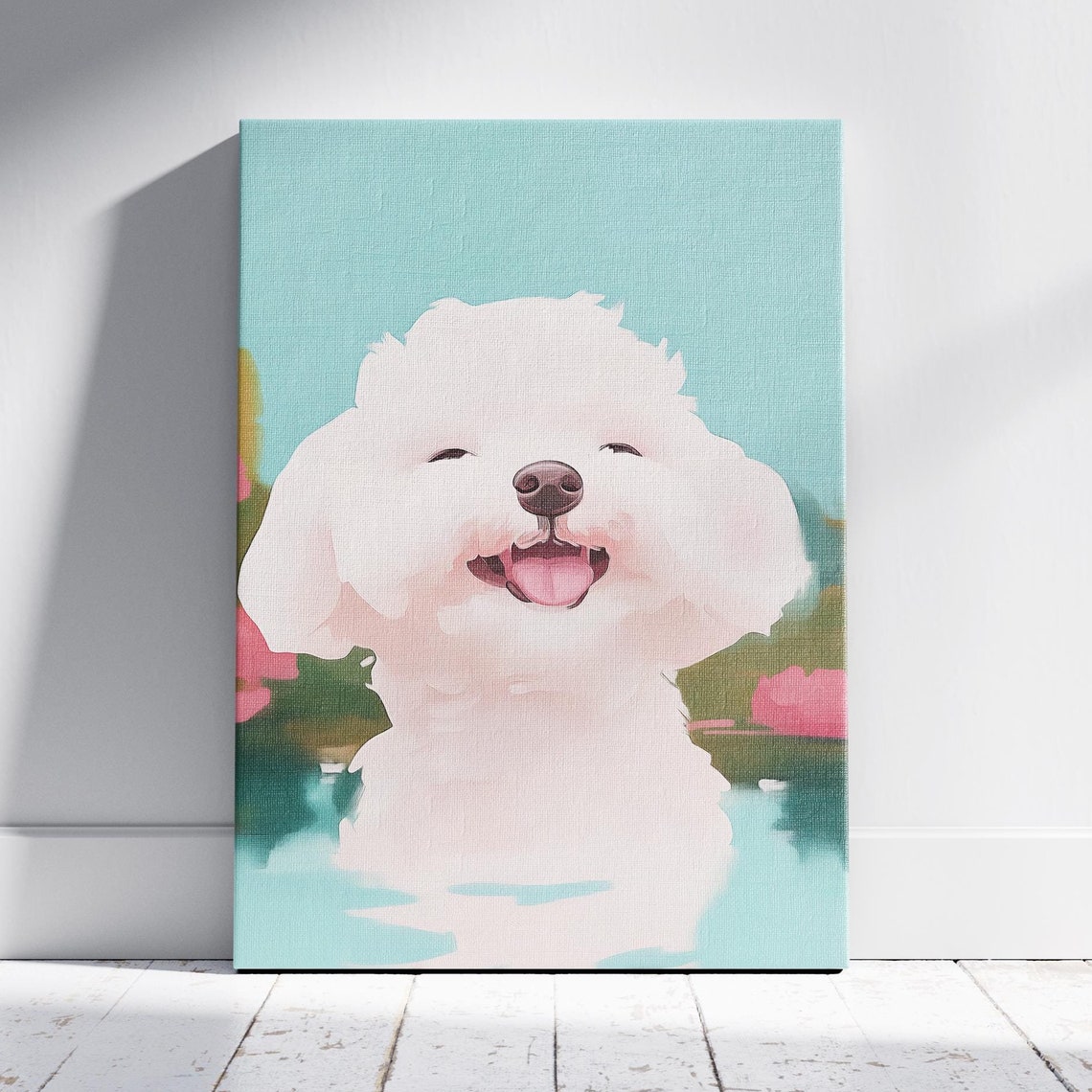 Smiling Fluffy White Puppy Portrait Cheerful Pastel Dog Art Poster