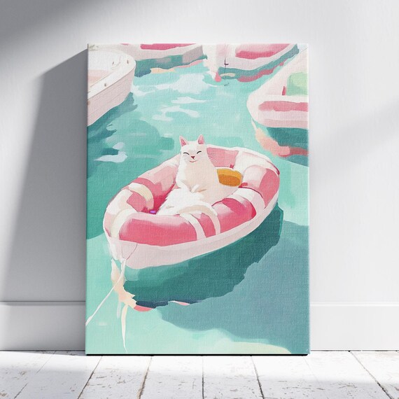 Funny White Cat Lounging on Pink Pool Float Summer Art Poster