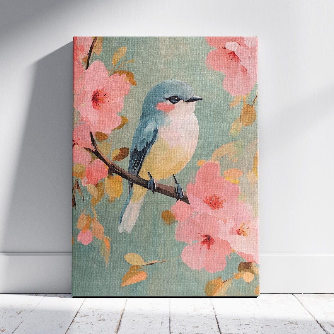Blue Songbird Among Pink Blossoms Pastel Bird Painting Art Poster