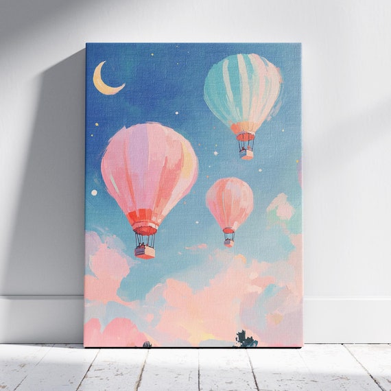 Pastel Balloon Artwork With Stars And Moon Starry Sky Art Hot Air Balloon Art Floating Balloon Art Serene Sky Painting Enchanting Art