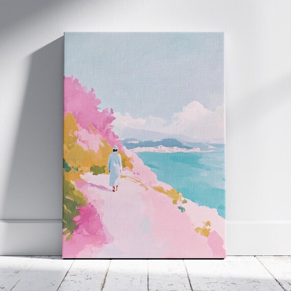 Pink Bougainvillea Cliff Path Turquoise Sea Coastal Walk Art Poster