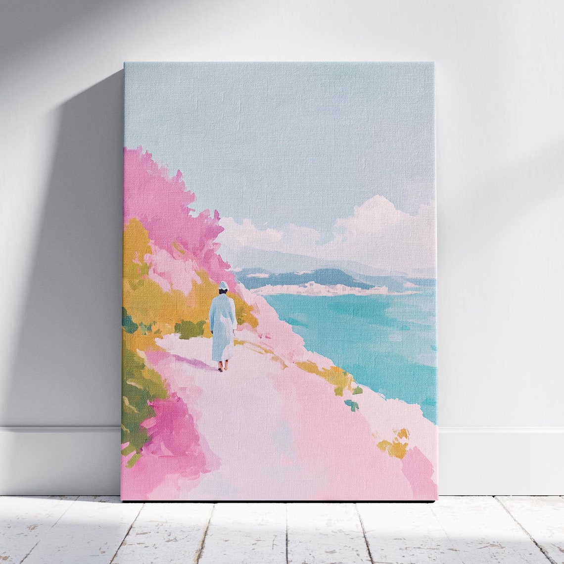 Pink Bougainvillea Cliff Path Turquoise Sea Coastal Walk Art Poster