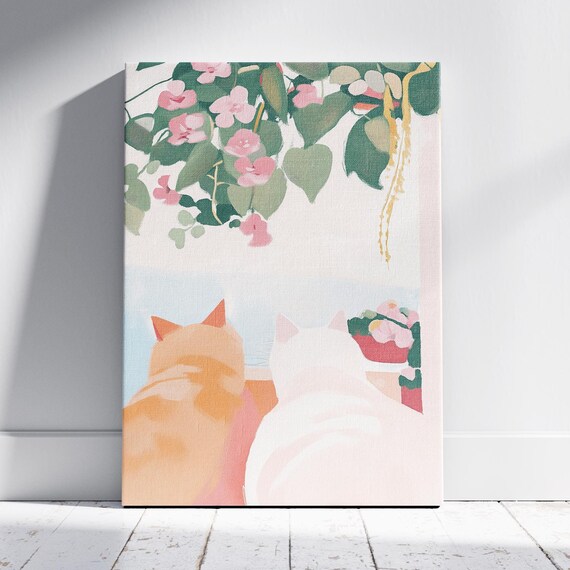 Two Cats Gazing at the Sea Under Flowers Cute Cat Wall Art Print Poster