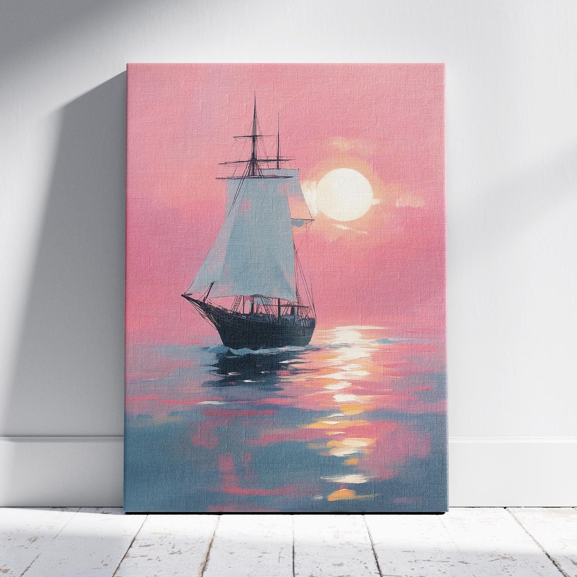 Tall Sailing Ship At Pink Sunset Ocean Pastel Seascape Poster