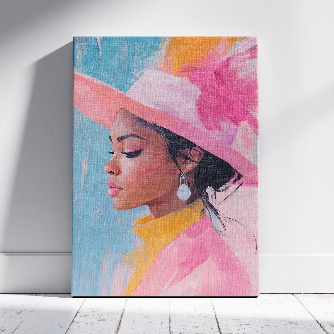 Woman in a Wide Brim Pink Hat Elegant Fashion Portrait Art Poster Print