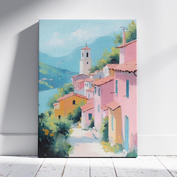 Pastel Village Landscape Countryside Painting Pastel Village Scene Small Village Art Tranquil Cozy Village Art Rustic Village Charm