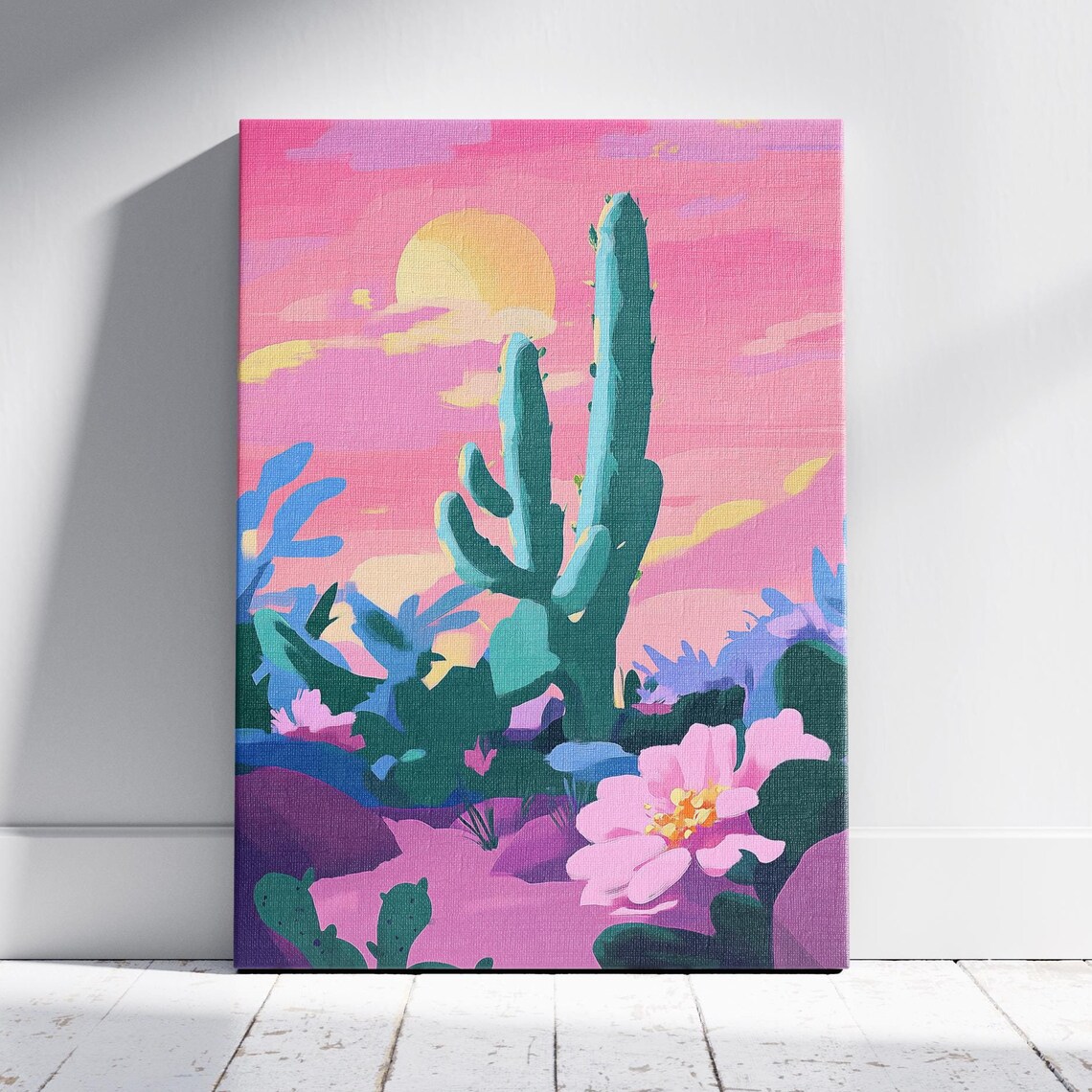 Pink Desert Sunset Saguaro Cactus Flower Colorful Art Poster