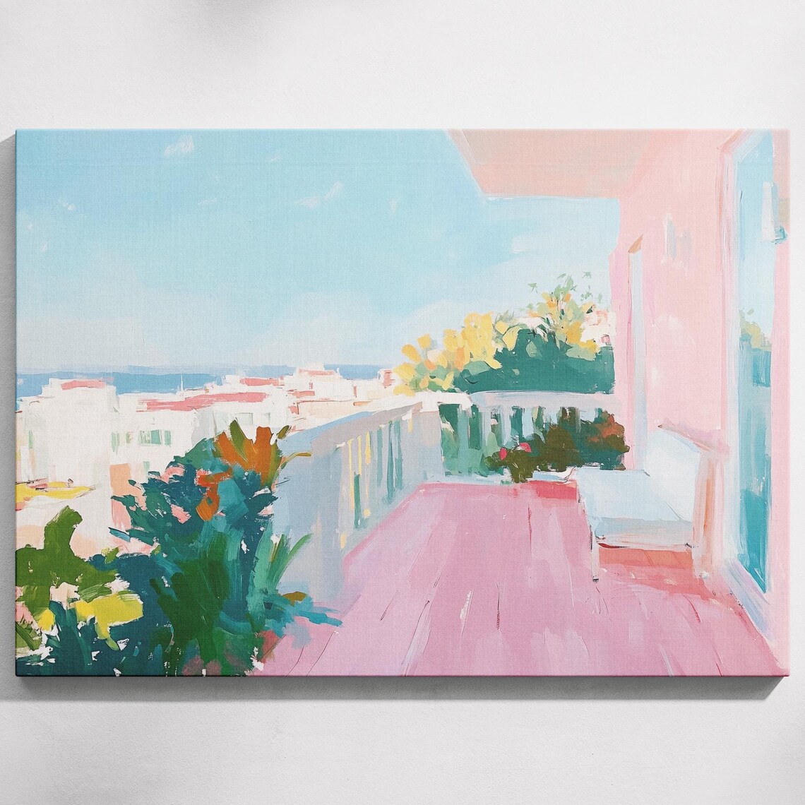 Mediterranean Balcony Sea View Pastel Coastal Cityscape Travel Poster